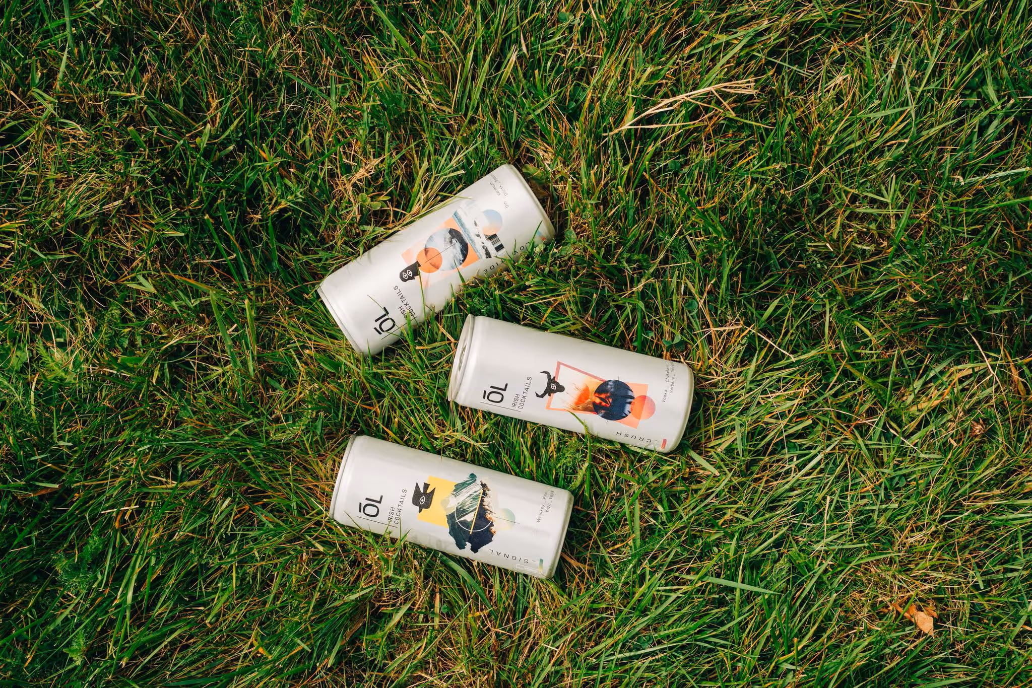 Cans of Ól Irish Cocktail lying on grass